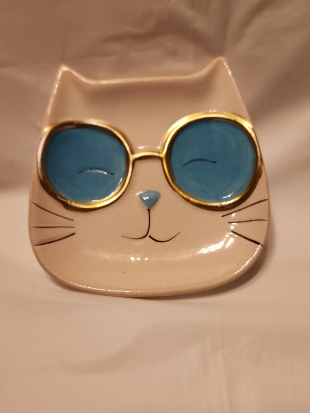 Ceramic Cat Dish with Blue Sunglasses Accent